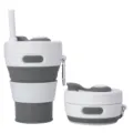 Tasse à café pliable en silicone portable, mug de voyage gris et blanc avec paille et mousqueton. - Gris