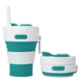 Gobelet de voyage pliable en silicone blanc et vert avec paille et crochet pour le sport. - Vert Foncé