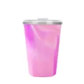 Stainless steel insulated tumbler with pink gradient design and clear lid for cold drinks. - Metallic Purple