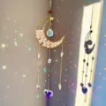 Crystal sun catcher detail with crescent moon, pink crystals, and rainbow pendants. - Rose Quartz / Approx 41-43cm