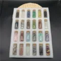 Natural crystal stone wishing bottles set with 24 multi-color gemstone chip glass jars. - White Tray With Labels / 24 Pieces/Pack