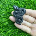 Gros plan détaillé d'une figurine de serpent en pierre noire sculptée à la main. - Jade Fleur de Prunier / Blanc