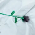 Crystal rose detail showing carved gemstone flower head and green metal stem and leaf design. - Strawberry Quartz (Silver Branch)
