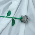 Rosa scolpita in pietra naturale fatta a mano con stelo di metallo verde per la casa. - Avventurina Indiana (Ramo Argento)