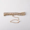 Detailed view of the sparkling rhinestone chain belt, elegant gold metal circular link design. - Gold