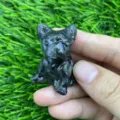 Handheld natural stone crystal French bulldog puppy carving miniature crystal animal ornament 4cm - Larvikite