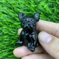Natural gemstone crystal carved French bulldog figurine, cute black puppy crystal healing stone sculpture. - Obsidian