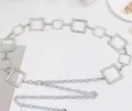 Silver metal waist chain with geometric square links, stylish accessory for women and girls. - White K/Silver