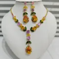 Luxury zircon necklace and earrings jewelry set, colorful crystal fruit design for party wear. - Glass Color