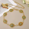 Women vintage gold metal waist chain boho turquoise medallion dress belt body jewelry - Antique Gold