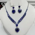Blauer Herz Zirkonia Halskette Ohrringe Set Detail, elegante glitzernde Kristall Schmuck. - Saphirblau