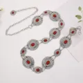 Vintage silver metal waist chain with red oval stone floral links for dress party - Red Turquoise