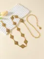 Gold metal waist chain set, vintage diamond pattern dress belt, elegant women fashion accessory. - Antique Gold
