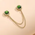 Metal magnetic clothing clip with green gem pearls and double chain for fashion decoration. - Gold