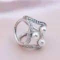 Elegant silver tone alloy scarf ring with sparkling rhinestones and three white faux pearls chic. - Pearl Silver