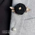 Vintage fabric rose flower brooch with pearl pin elegant suit lapel jewelry decor - Black