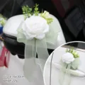 White wedding car mirror flower with green bow and leaves, elegant car decor size 16x30cm - White with Light Green (No.2) / 16x30cm
