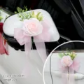 Pink rose wedding car rearview mirror flower decoration bow handle floral setup 16x30cm - Pink with Pink Mesh (No.4) / 16x30cm