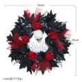 Halloween skull wreath with red roses and black leaves spooky door hanging decoration 55cm - Halloween Wreath