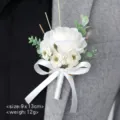 Elegant white artificial rose boutonniere with ribbon for wedding groom suit decoration. - White