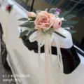 Wedding car rearview mirror artificial rose flower decoration with white ribbon bow elegant design 1pc - Suction Cup Mounted / Champagne