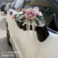 Artificial rose wedding car mirror flower decoration with ribbons and green leaves. - Suction Cup Mounted / Creamy Pink