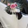 Wedding car rearview mirror decorative artificial rose flower with ribbons SKU item - Suction Cup Mounted / Rose Pink