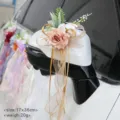 Wedding car rearview mirror artificial flower decoration with elegant bow and champagne roses. - No.5 (Champagne)