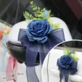 Blue artificial rose wedding car mirror decoration flower with bow ribbon 16x30cm 1pc - Deep Blue (No.9) / 16x30cm