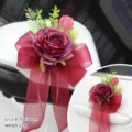 Burgundy wedding car flower bow decoration, artificial rose ribbon door handle accessory - Wine Red (Style 10) / 16x30cm