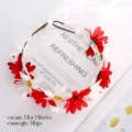 Kids floral crown headband with red white daisies and ribbons for wedding flower girl hair. - Red
