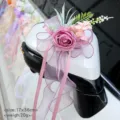 Wedding car rearview mirror artificial flower decoration with pink rose and elegant ribbons. - No. 9 (Pink)