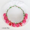 Charming pink floral crown headband with white ribbon, perfect for parties and photography. - Rose Pink