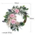Pink dahlia floral wreath with burlap bow, 50cm decorative door hanging for spring home decor. - Spring Dahlia Greenery Wreath