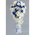 Blue white bridal wedding bouquet with PU calla lilies, roses, and diamond brooch waterfall style. - White & Royal Blue