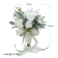 Bouquet de mariée rose blanche artificielle en soie avec ruban vert style forêt variante. - Blanc