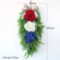Patriotic teardrop floral swag with red white blue hydrangeas and burlap bow for door decor - Red, White and Blue Hydrangea Hanging Decoration