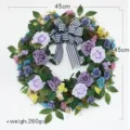 Künstlicher Rosenblütenkranz mit Karoschleife für Haustür Wand Fenster Dekoration 45cm - Blau und Violett