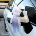 White wedding car mirror flower decoration with bow, elegant artificial rose floral design. - No. 1