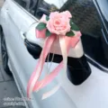 Wedding car rearview mirror artificial pink rose flower bow ribbon decoration 18x36cm lovely - Size 3