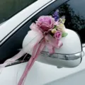 Beautiful wedding car rearview mirror artificial flower decoration silk rose ribbon. - Lotus root pink