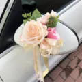 Wedding car mirror artificial flower decoration pink rose silk ribbon bridal party decor - Champagne Pink