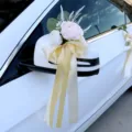 Wedding car rearview mirror artificial rose flower ribbon bow decoration set item - Rearview Mirror Decoration