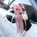 Dusty pink artificial rose wedding car rearview mirror flower decoration ribbon bow. - Size 4