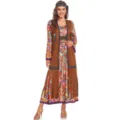 Vista detallada del disfraz retro hippie de los 70 con chaleco de flecos y vestido. - M / Parte Superior e Inferior / Estampado