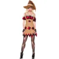 Details of Halloween scarecrow costume featuring checkered dress, hat and mesh tights. - One Size / Set / Printed