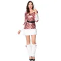 Detailed shot of women red white striped Christmas costume with faux fur trim hood and leg warmers - One Size / Set / Printed