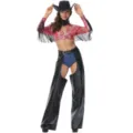 Detailed view of the cowgirl costume featuring fringe sleeves, leather chaps, and belt. - M / Set (With Hat)