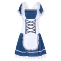 Gros plan de la robe dirndl bleu blanc avec bordure en dentelle délicate et laçage. - Taille unique / Bleu et Blanc