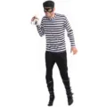 Burglar costume set featuring black and white striped long sleeve shirt, mask, and money bag. - M / Top And Bottom / Black & White Stripes